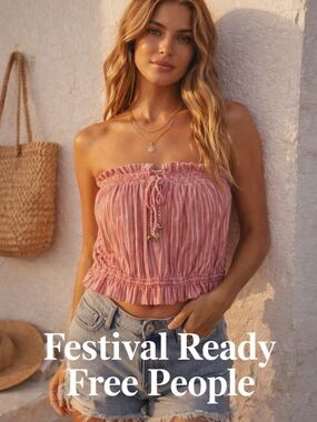 We The Free Free People Pink Striped Smocked Strapless Tube Top S Boho Festival